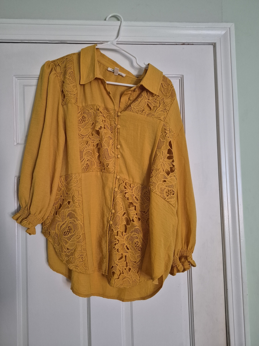 Women's Mustard Lace Panel Button-Front Blouse